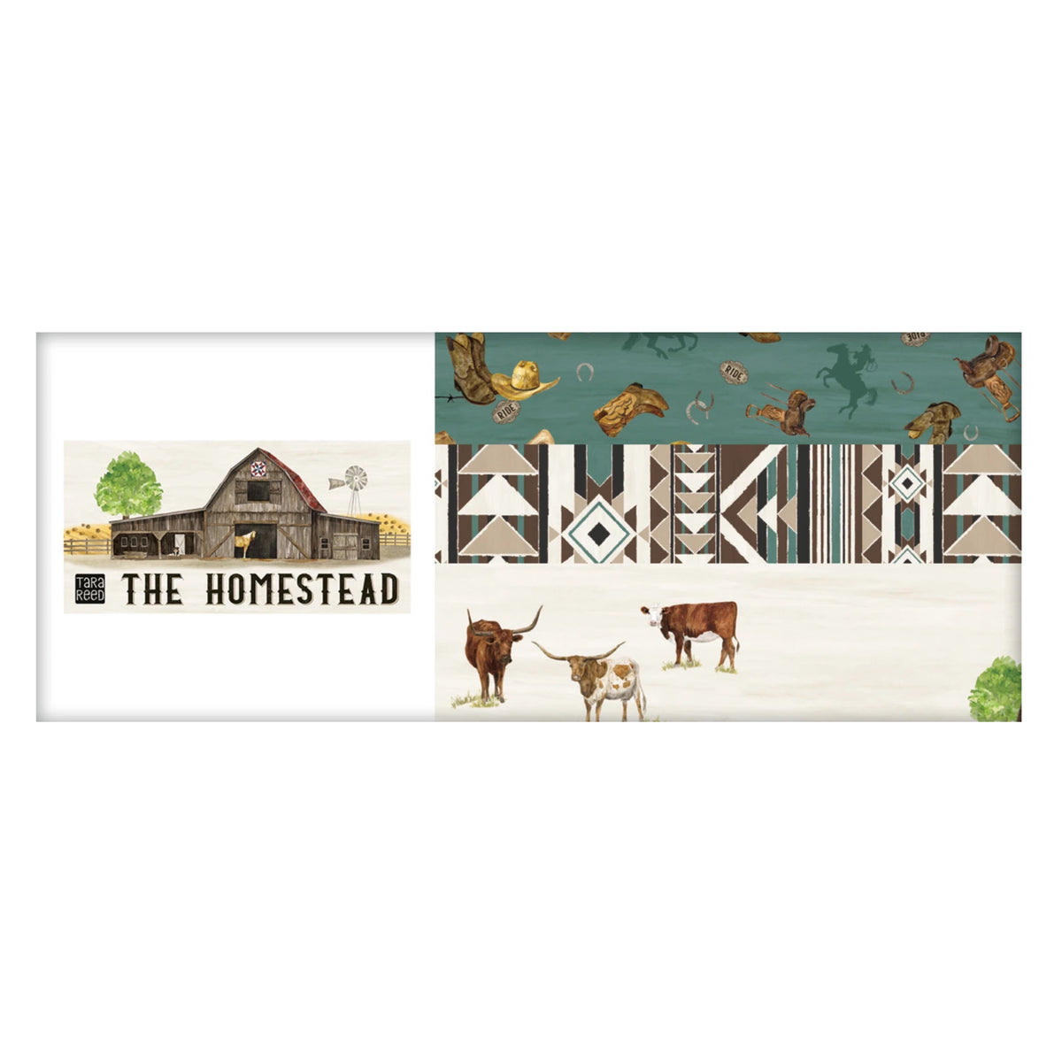 A fabric design sample sheet showing a western farm theme. The left panel features a barn illustration with the text 'THE HOMESTEAD'.