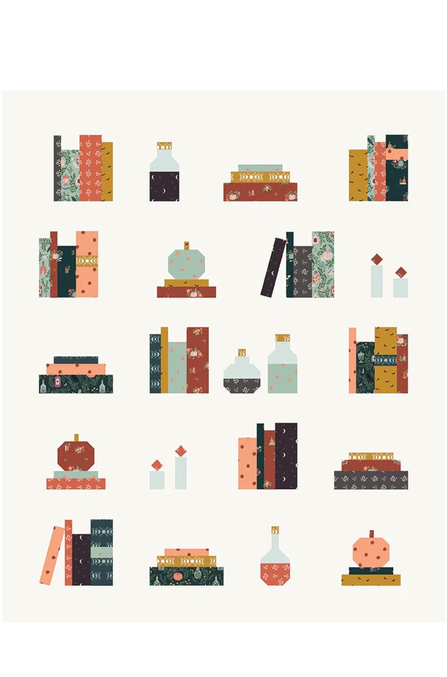 Illustrations of books and bottles arranged in a grid on a white background