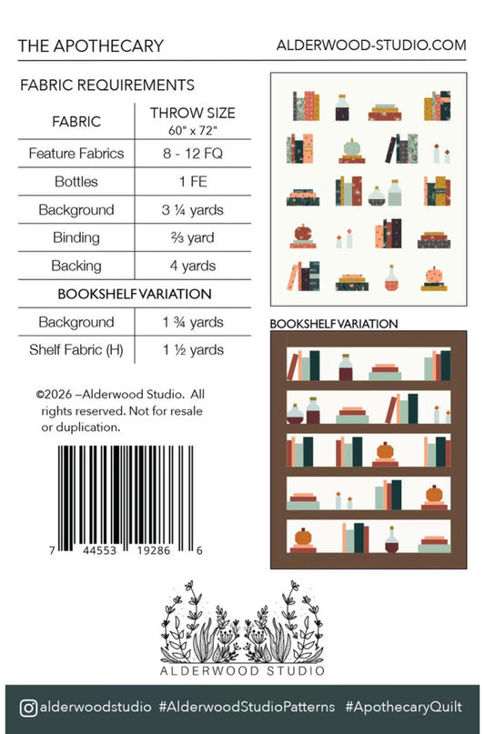 Alderwood Studio pattern book for 'The Apothecary' quilt with fabric requirements and bookshelf variation illustration.