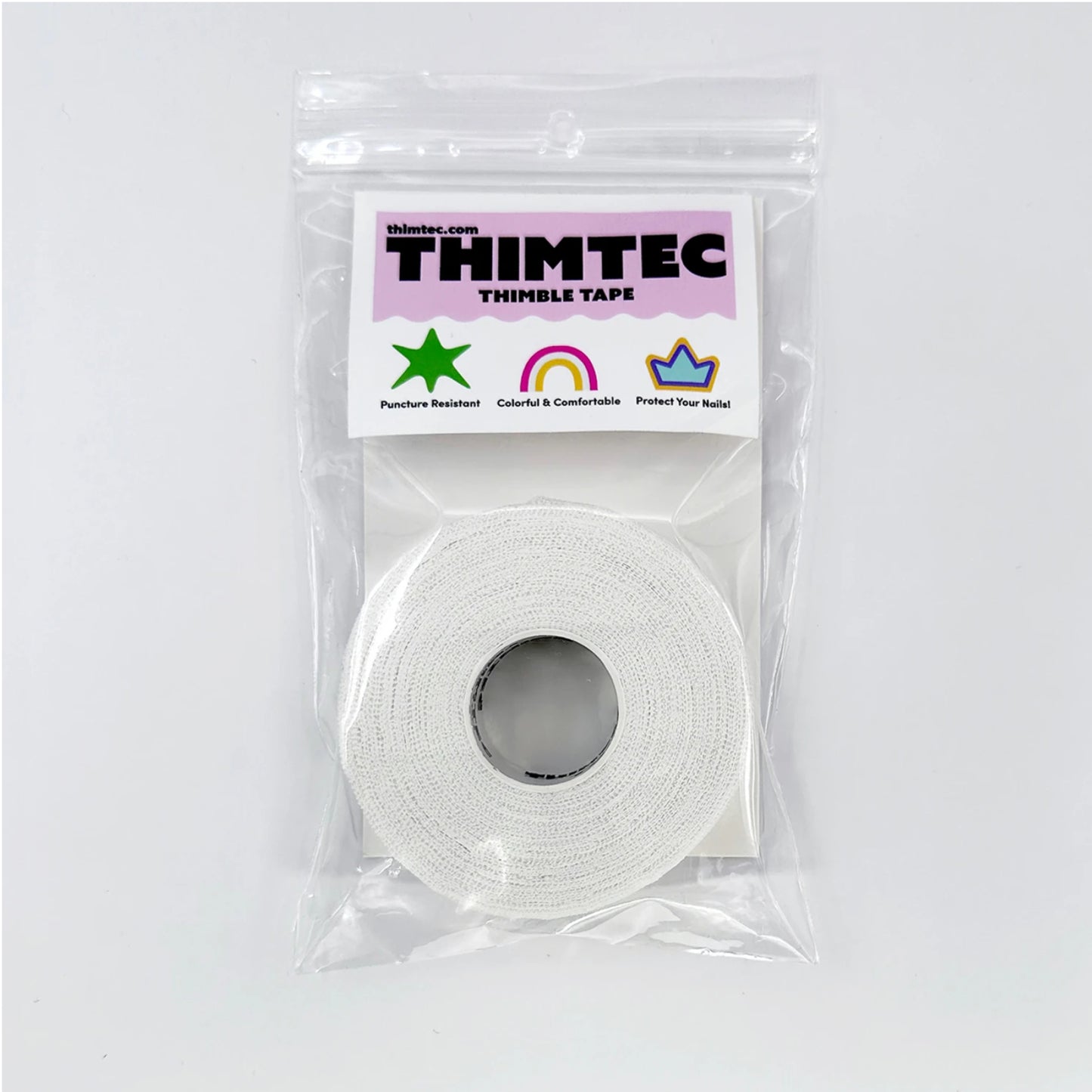 Roll of white thimble tape in clear packaging with Thimtec label on a white background