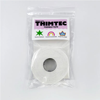 Roll of white thimble tape in clear packaging with Thimtec label on a white background