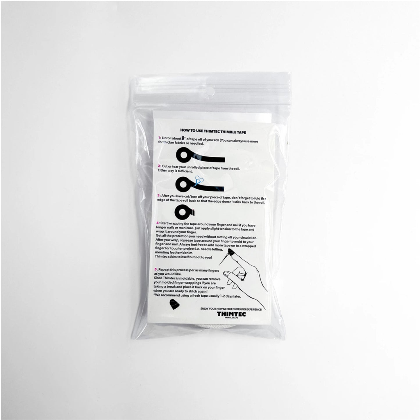 Clear plastic packaging with instructions and a logo on a white background