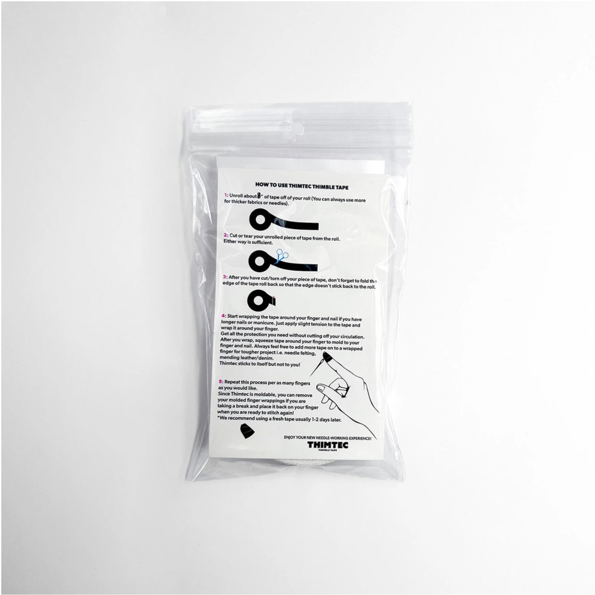 Clear plastic packaging with instructions and a logo on a white background