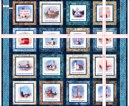 Grid of framed artworks with lighthouse and coastal scenes on a blue background