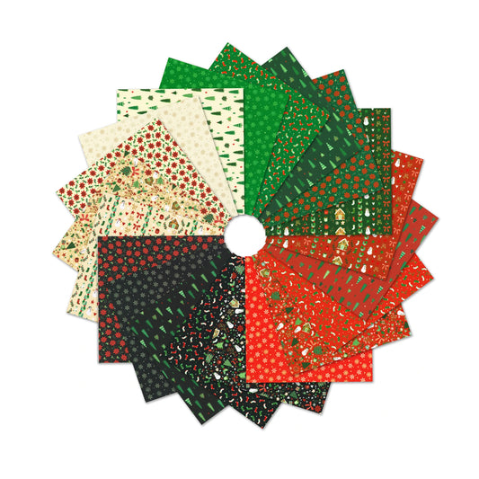 Collection of holiday patterned fabrics in various colors on a white background