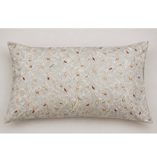 A rectangular decorative throw pillow with a textured silver-gray background featuring an all-over pattern of small birds and gold acorns on thin branches, set against a neutral light gray background.