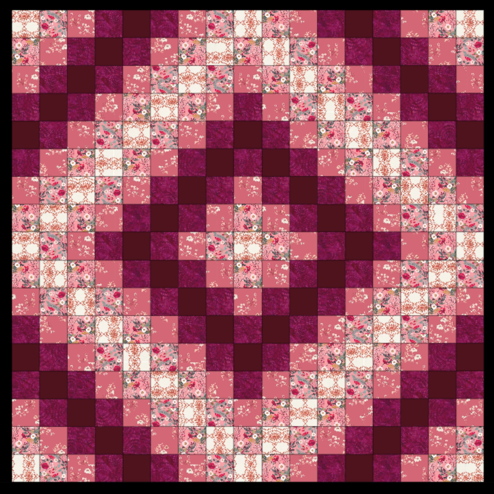 Patchwork quilt with pink and purple squares
