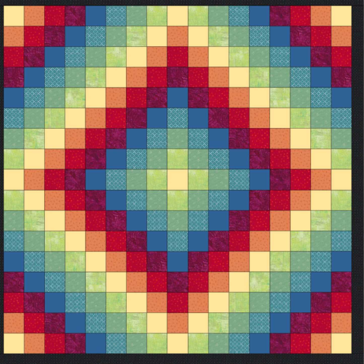 Multicolored quilt with a patchwork pattern on a black background