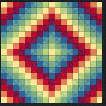 Multicolored quilt with a patchwork pattern on a black background
