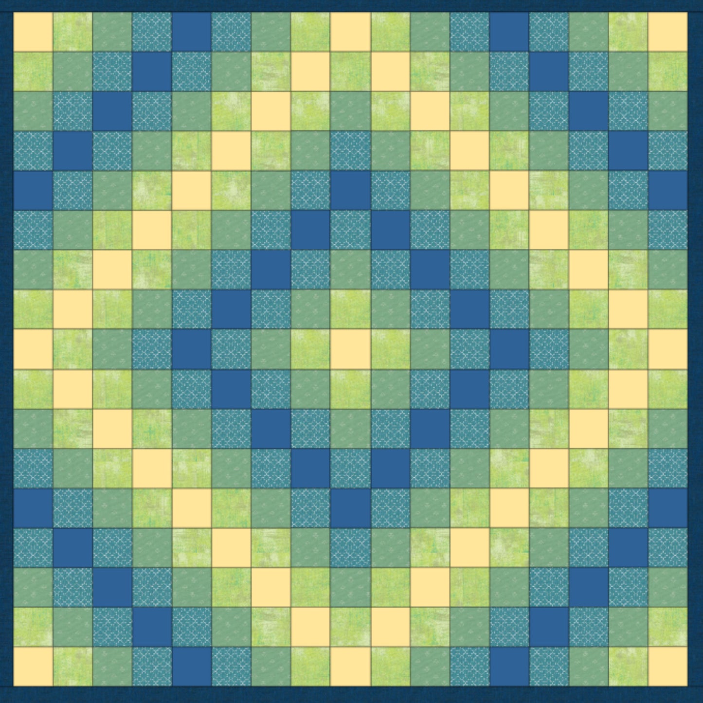 Pattern of green and blue squares arranged in a grid.