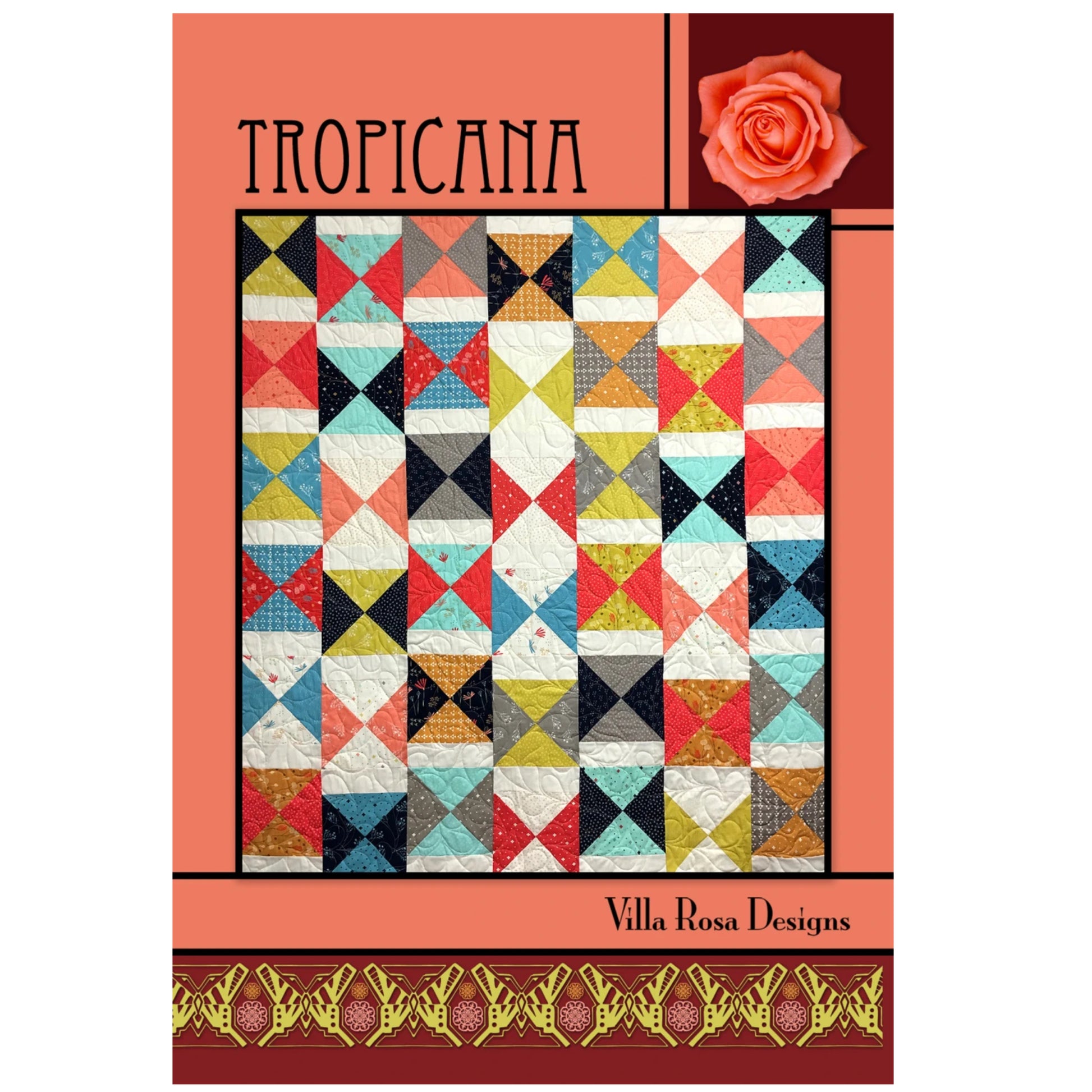 Colorful quilt pattern with geometric design on a red and orange background, featuring the brand 'Villa Rosa Designs'.