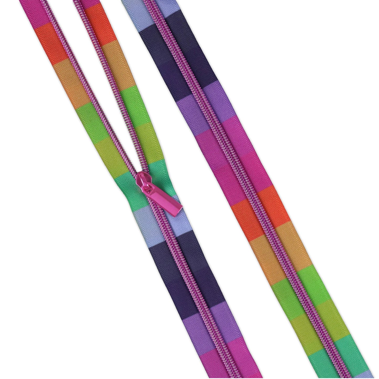 Rainbow Zipper tape with pink zipper and pull on a white background