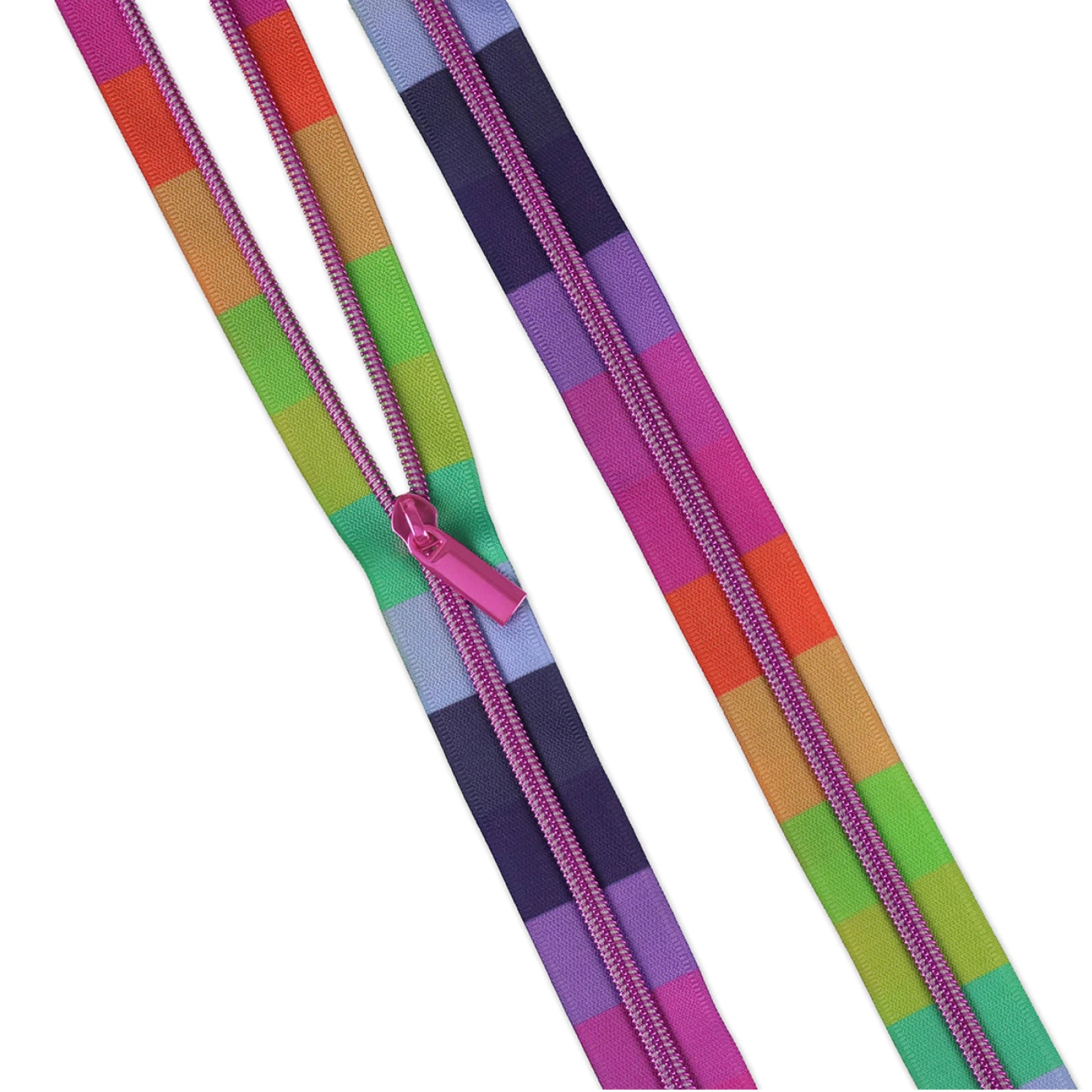 Rainbow Zipper tape with pink zipper and pull on a white background