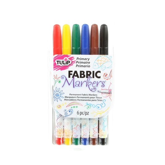 Set of Tulip fabric markers with primary colors on a white background