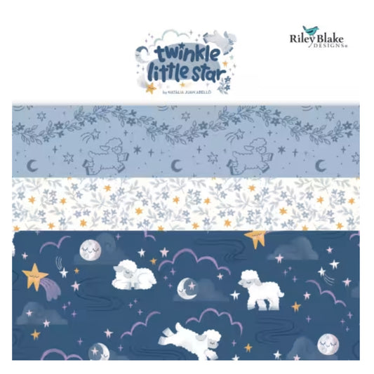 Collection of fabric swatches with 'Twinkle Little Star' design by Riley Blake Designs.