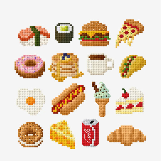 A grid of pixel-art food illustrations on a light gray background, including sushi, a hamburger, pizza, donuts, tacos, a coffee cup, a hot dog, an ice cream cone, a slice of cake, a croissant, and a soda can.