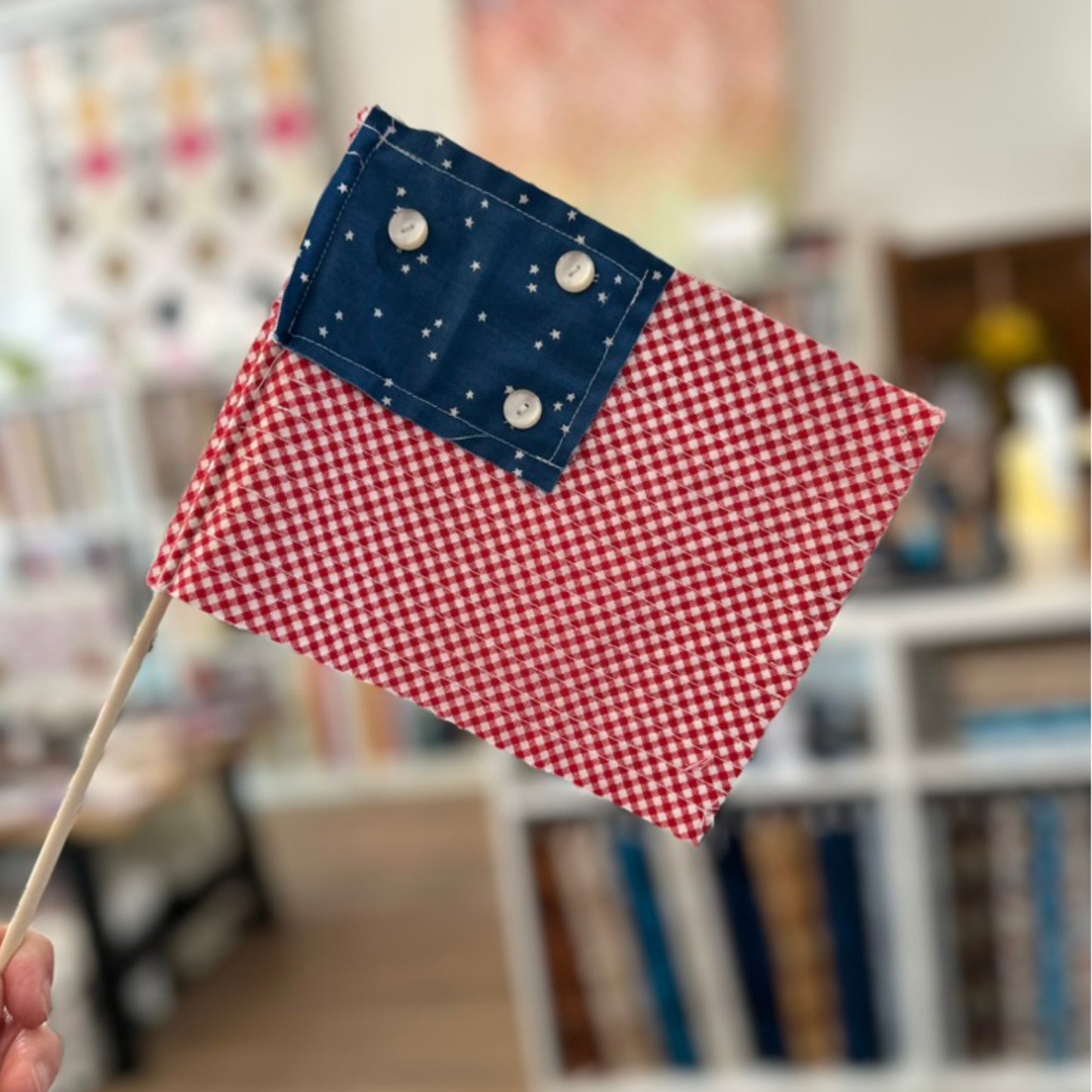 Red and white checkered flag with blue top held by a hand in a blurred indoor setting