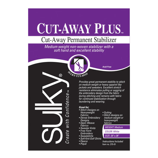 Sulky Cut-Away Plus cut-away permanent stabilizer packaging on a white background