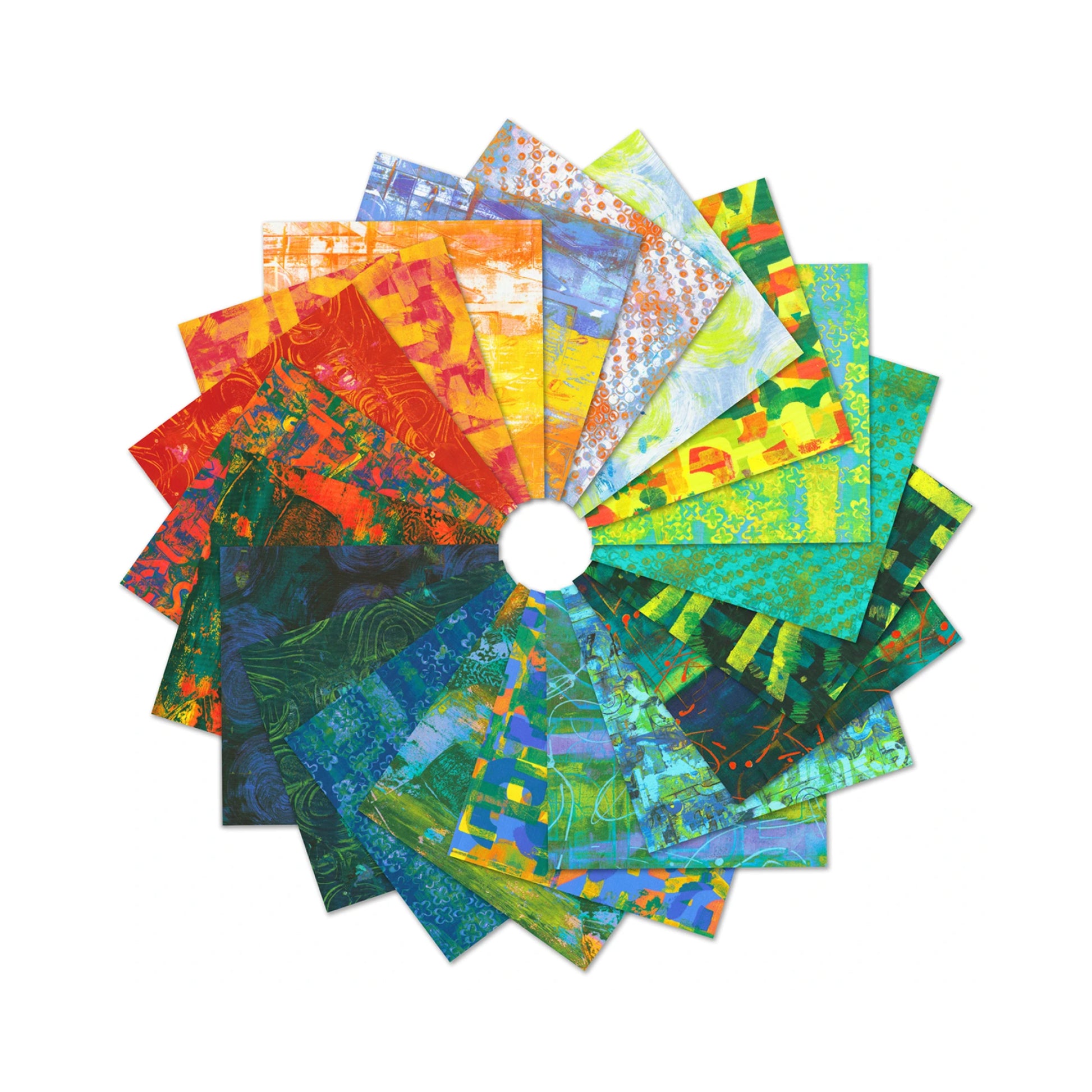 Colorful fabric swatches arranged in a circular pattern on a white background