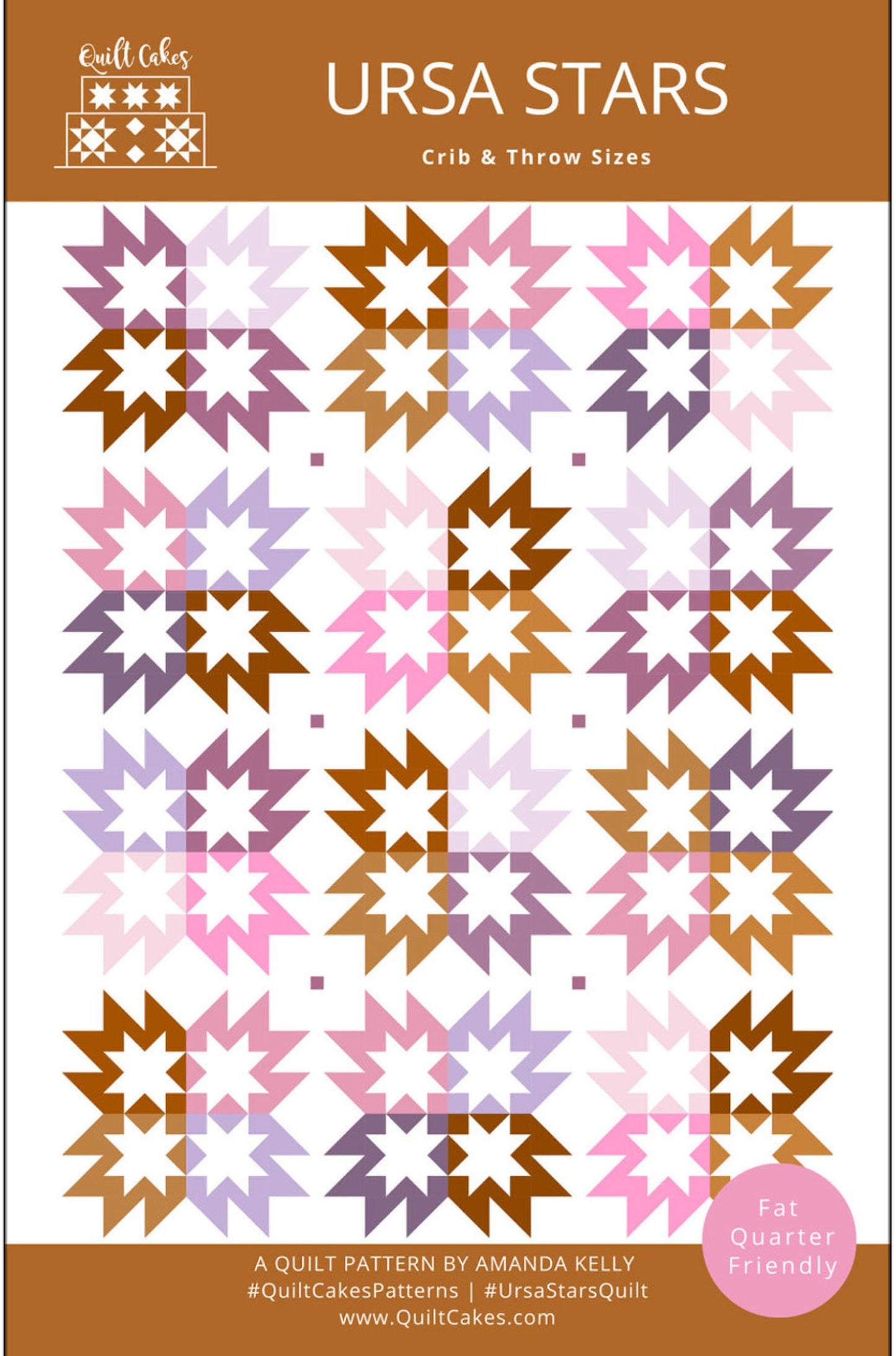 Pattern sheet for the 'Ursa Stars' quilt design by Amanda Kelly, showing multiple starburst quilt blocks in pink, purple, brown, and orange on a white background with a brown header and footer.