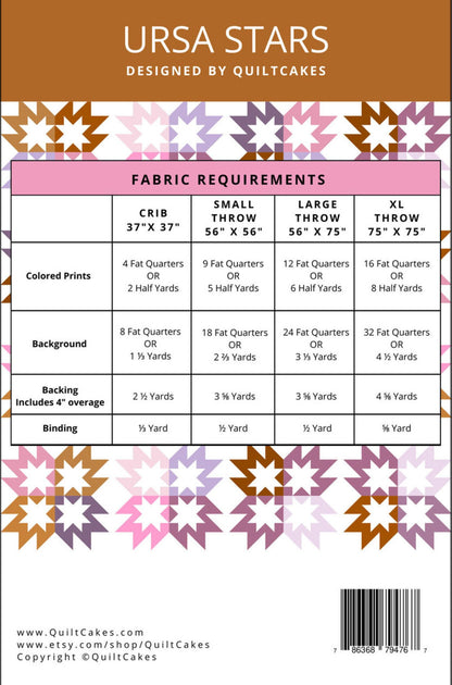 A fabric requirements chart for the Ursa Stars quilt pattern by QuiltCakes, showing size tables for crib, small, large, and xl throws with colored print, background, and backing measurements.