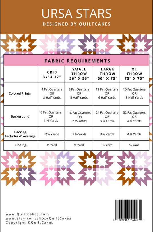 A fabric requirements chart for the Ursa Stars quilt pattern by QuiltCakes, showing size tables for crib, small, large, and xl throws with colored print, background, and backing measurements.