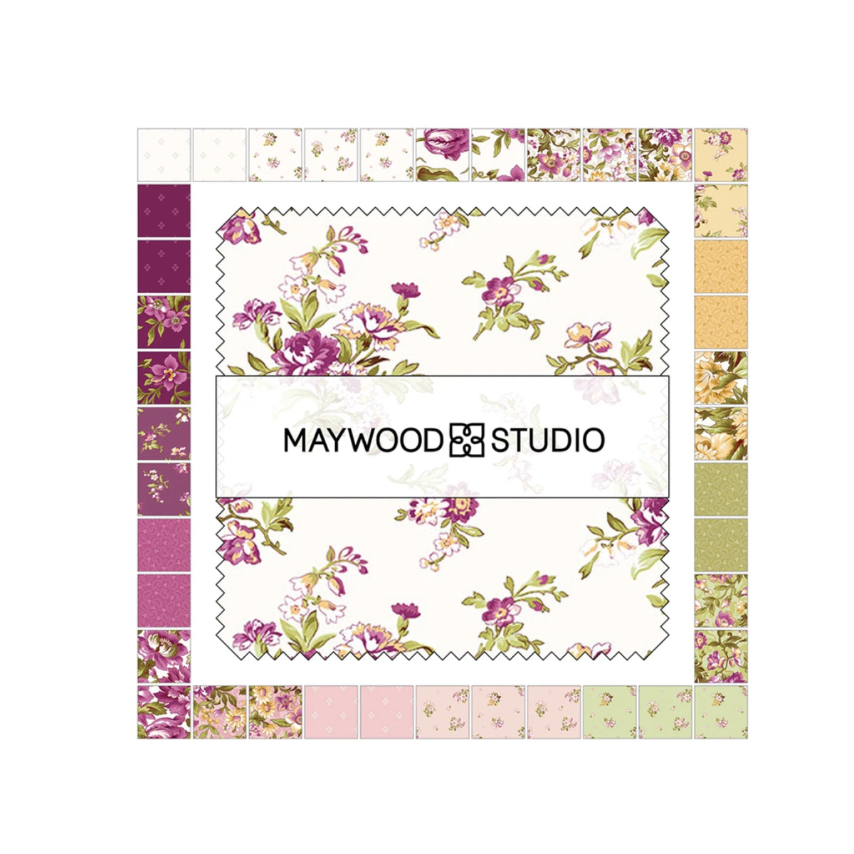 A square fabric or paper pattern sample with a floral print, shown on a white background. The center reads MAYWOOD STUDIO, and the border includes multiple color and pattern swatches in pink, purple, green, and beige tones.