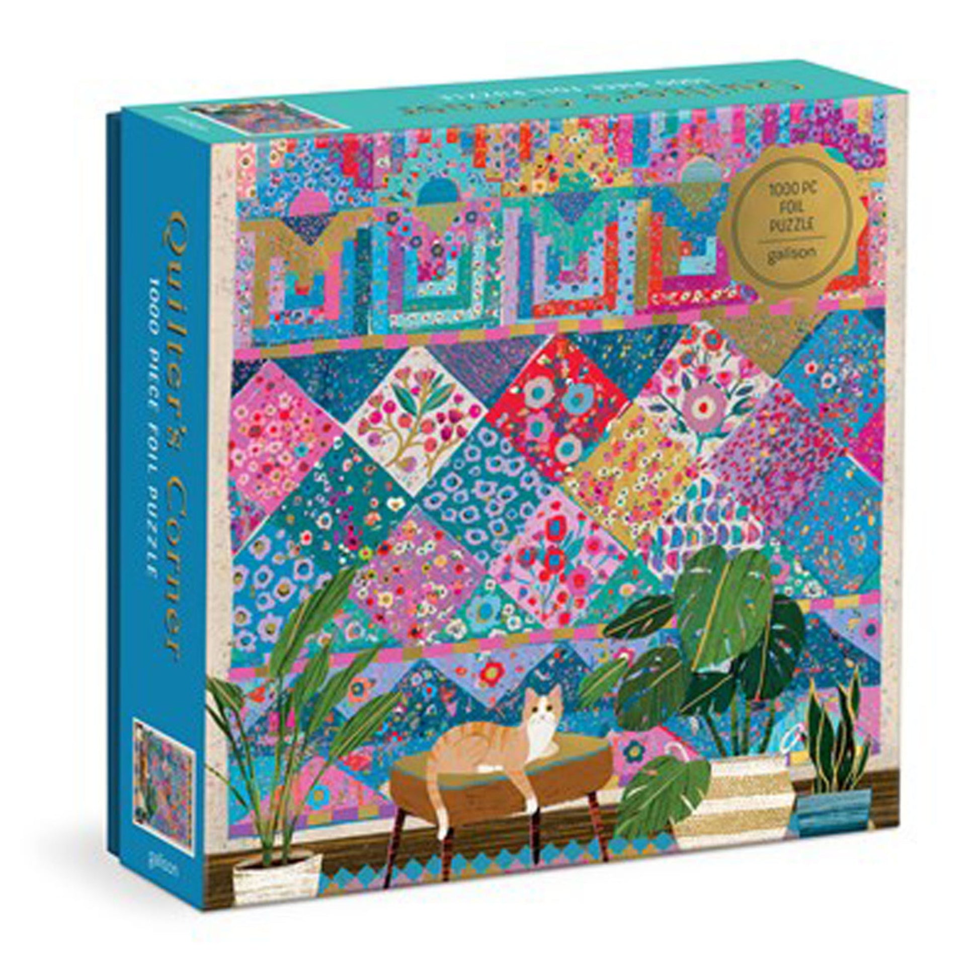 Colorful puzzle box with a cat and plants design on a white background