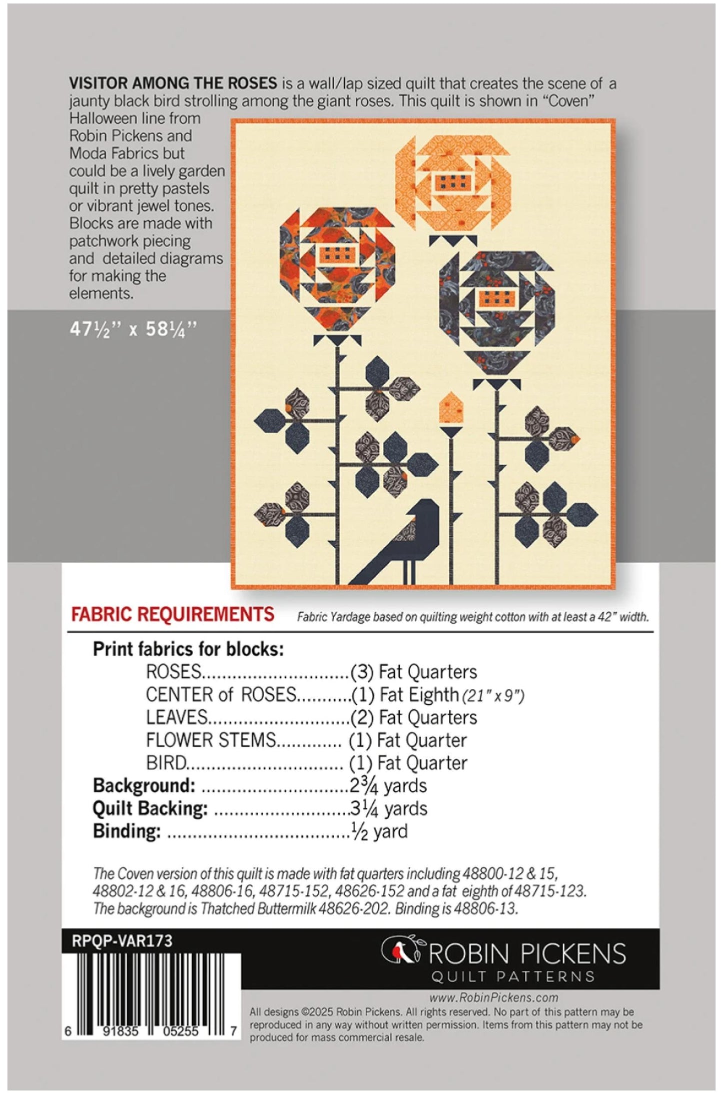 Back cover of a Robin Pickens Quilt Patterns fabric quilt pattern for 'Visitor Among the Roses', showing a quilt design, fabric requirements, and a barcode.