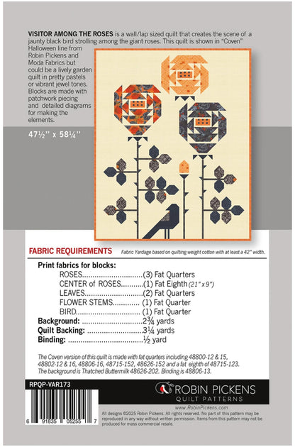 Back cover of a Robin Pickens Quilt Patterns fabric quilt pattern for 'Visitor Among the Roses', showing a quilt design, fabric requirements, and a barcode.