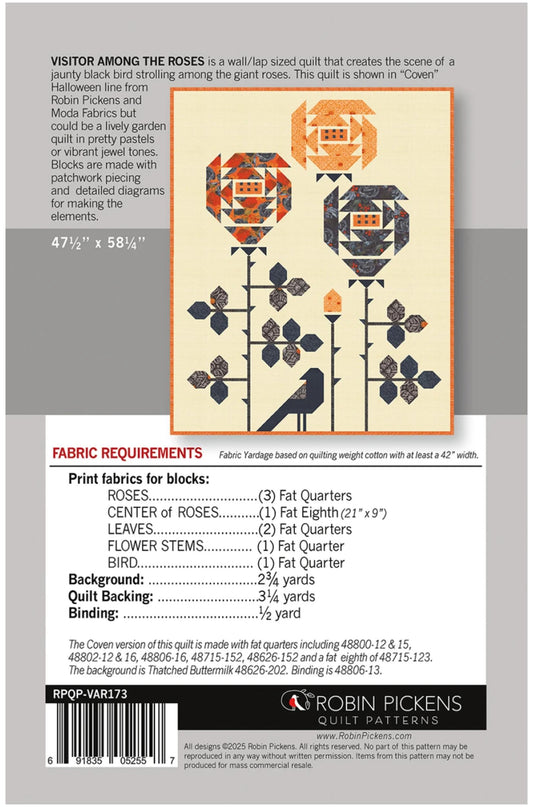 Back cover of a Robin Pickens Quilt Patterns fabric quilt pattern for 'Visitor Among the Roses', showing a quilt design, fabric requirements, and a barcode.