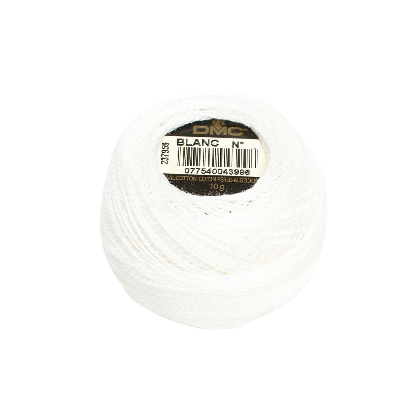 Spool of white thread with DMC label on a white background