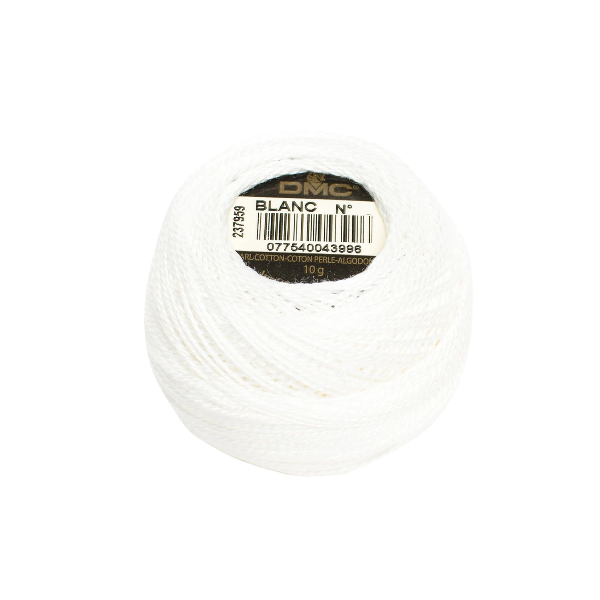 Spool of white thread with DMC label on a white background