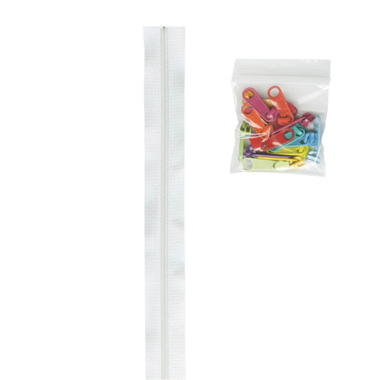 Zipper Tape, White, #4.5, 4 yards, 16mm, 16 Extra-Large Multicolor Pulls