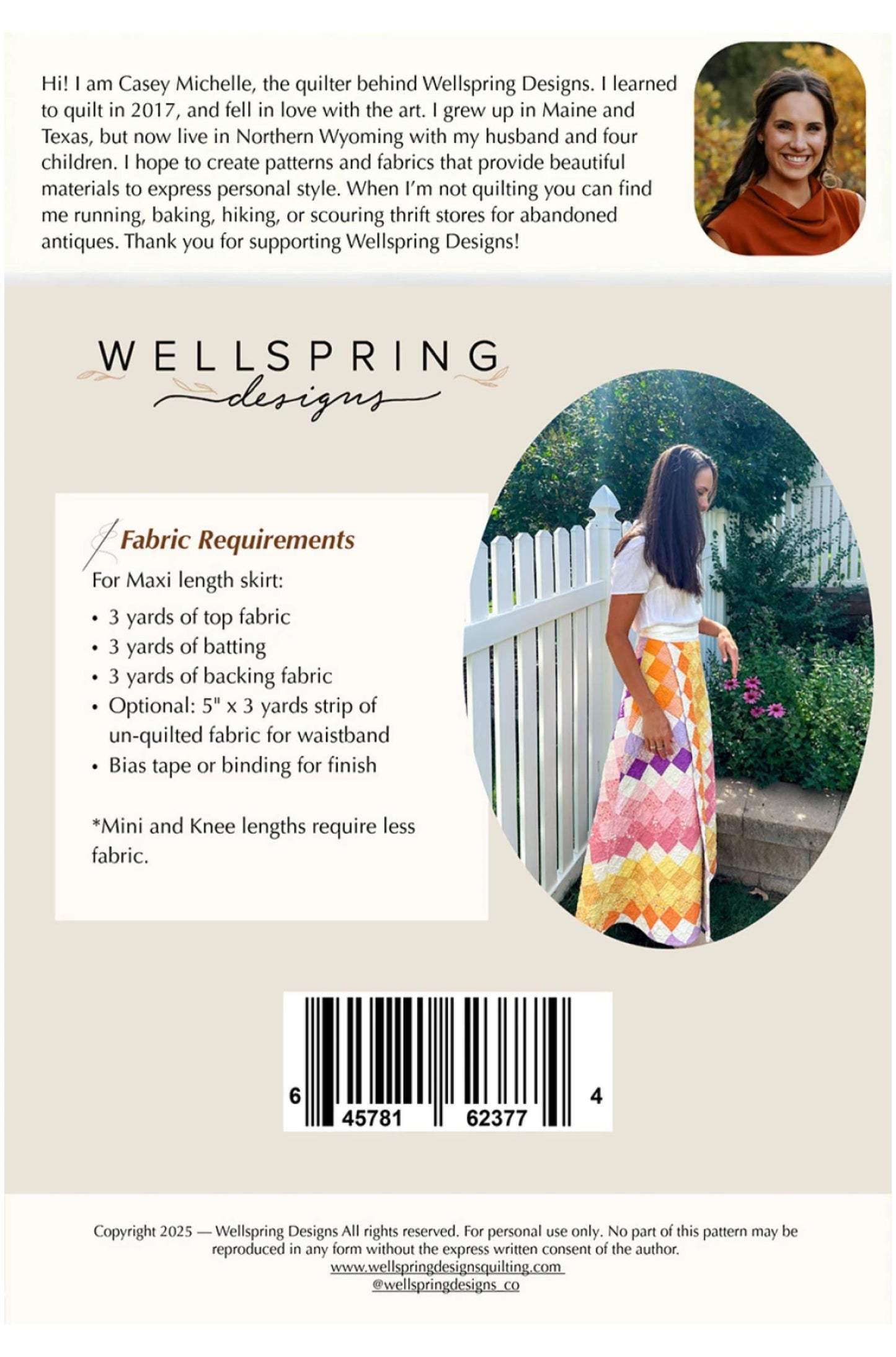 Wellspring Designs fabric requirements card with a woman in a colorful skirt and a white picket fence.
