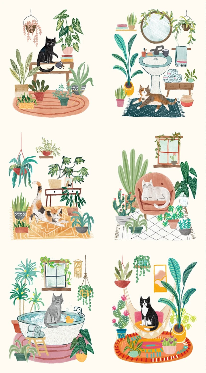 Illustrations of cats and plants in various home settings