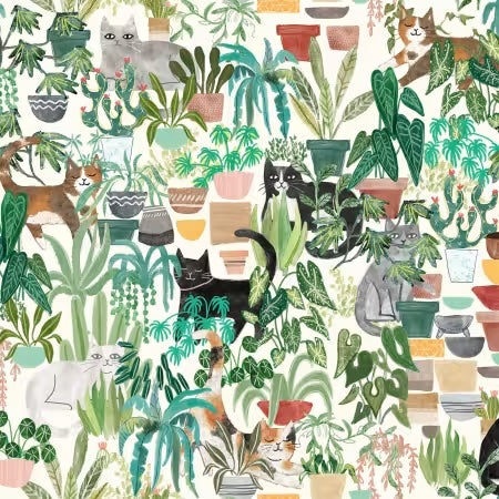 Pattern of cats and plants on a white background