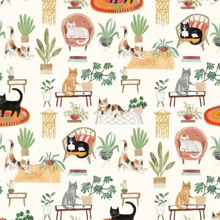 Pattern of cats and plants on a white background