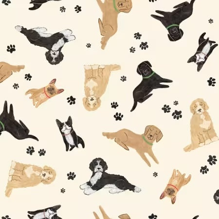 Pattern of various dogs and paw prints on a beige background