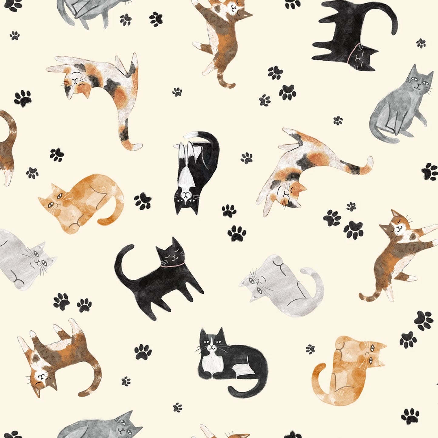 Pattern of various cats and paw prints on a beige background