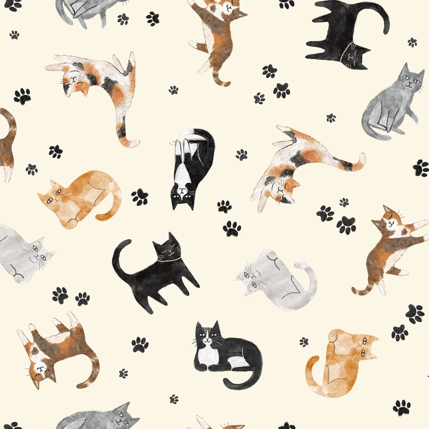 Pattern of various cats and paw prints on a beige background