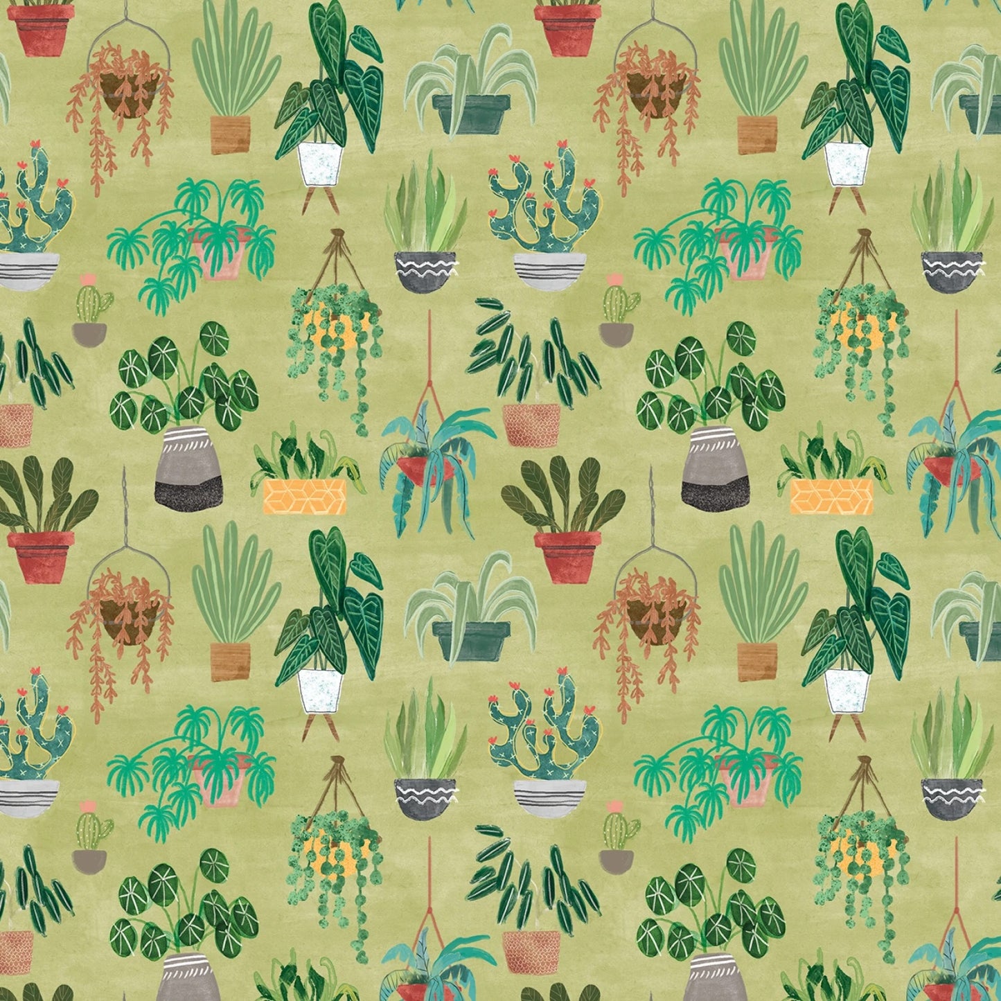 Pattern of various potted plants on a green background