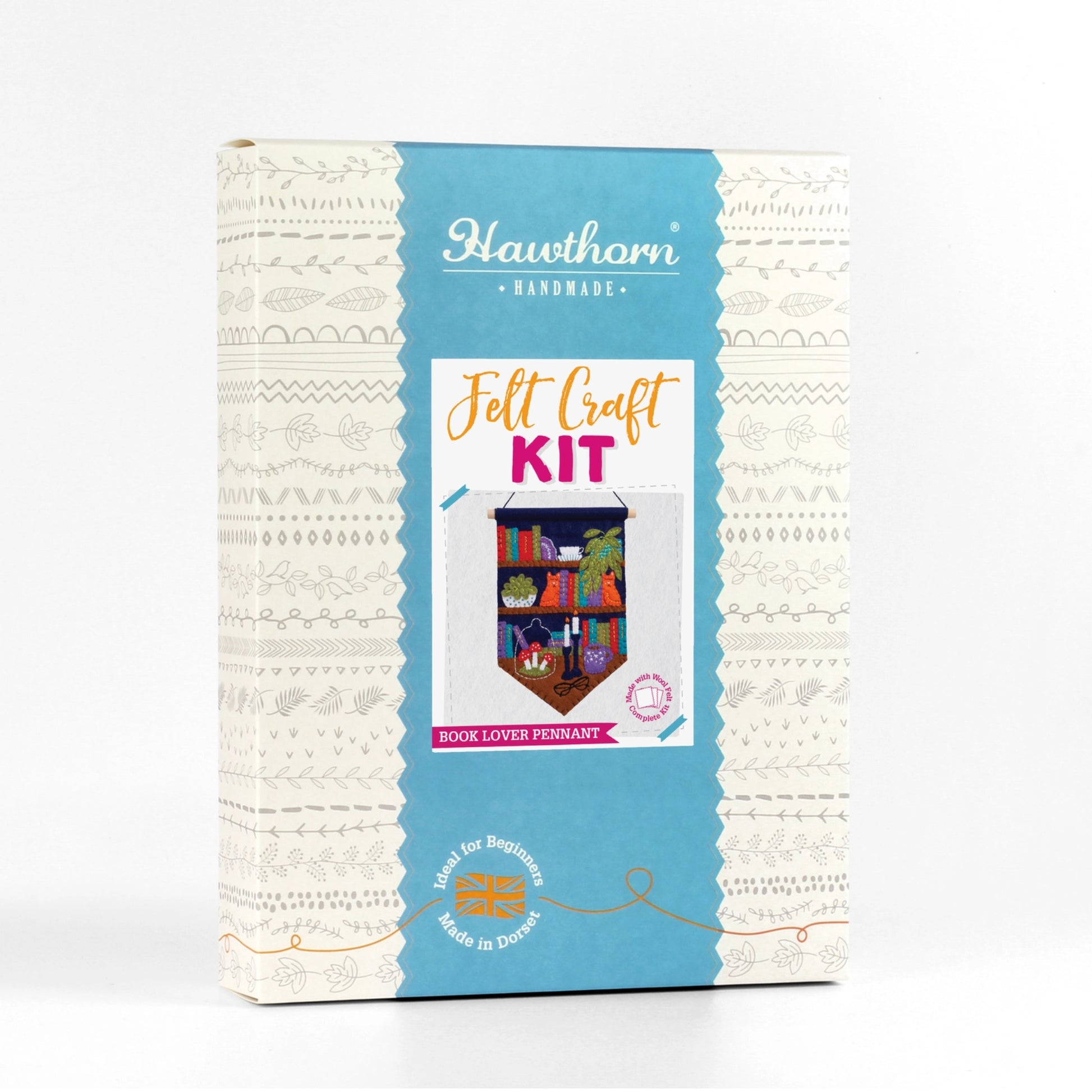 Hawthorn Handmade Felt Craft Kit for making a book lover pennant, shown in its retail packaging box against a white background.