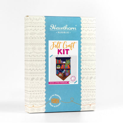 Hawthorn Handmade Felt Craft Kit for making a book lover pennant, shown in its retail packaging box against a white background.