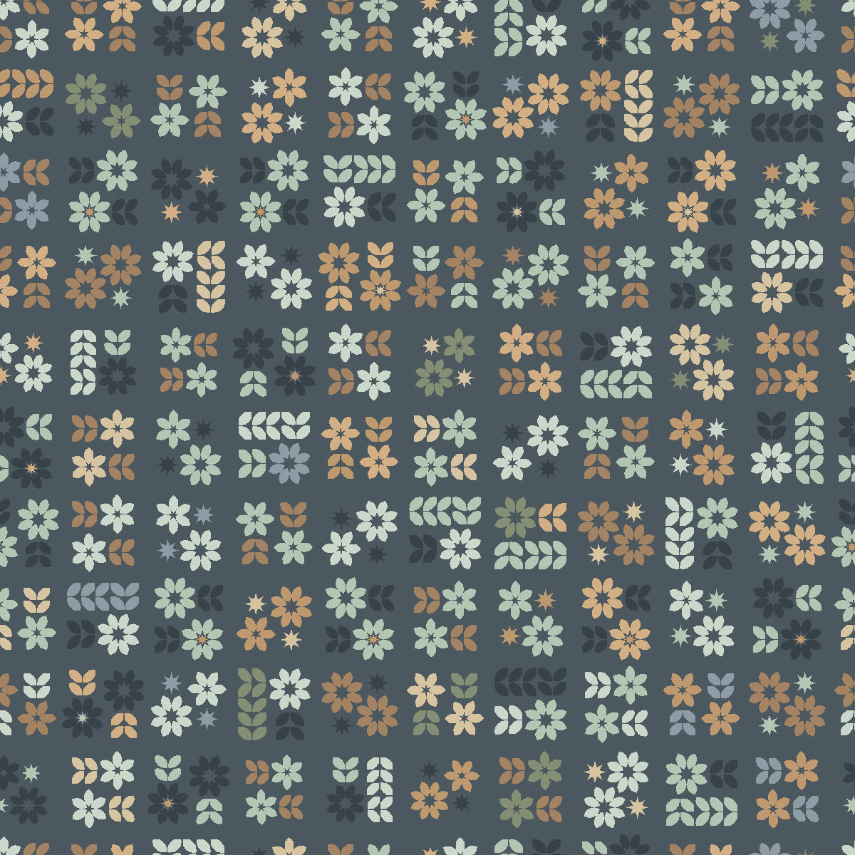 Pattern of small flowers and geometric shapes on a dark blue background