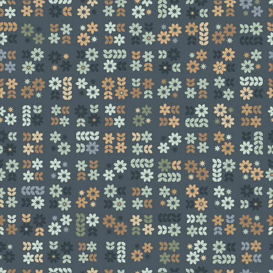 Pattern of small flowers and geometric shapes on a dark blue background