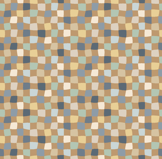Pattern of small squares in various colors on a brown background