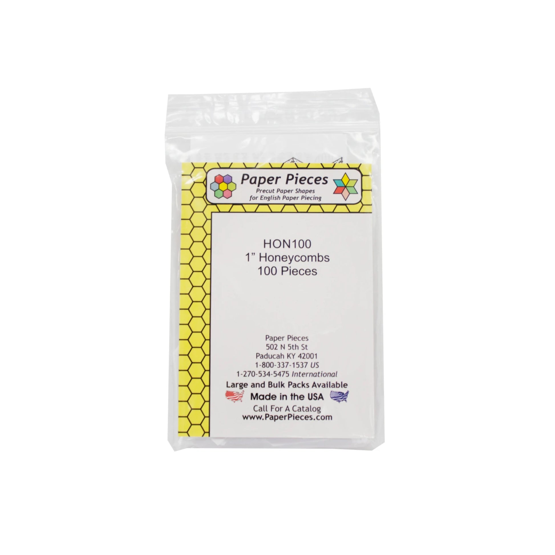 Package of 1-inch honeycomb paper pieces by Paper Pieces on a white background