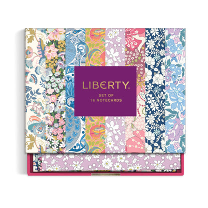 A boxed set of 16 patterned notecards labeled LIBERTY. The lid shows vertical floral and paisley stripes in many colors with a central purple label.