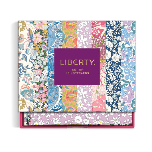 A boxed set of 16 patterned notecards labeled LIBERTY. The lid shows vertical floral and paisley stripes in many colors with a central purple label.